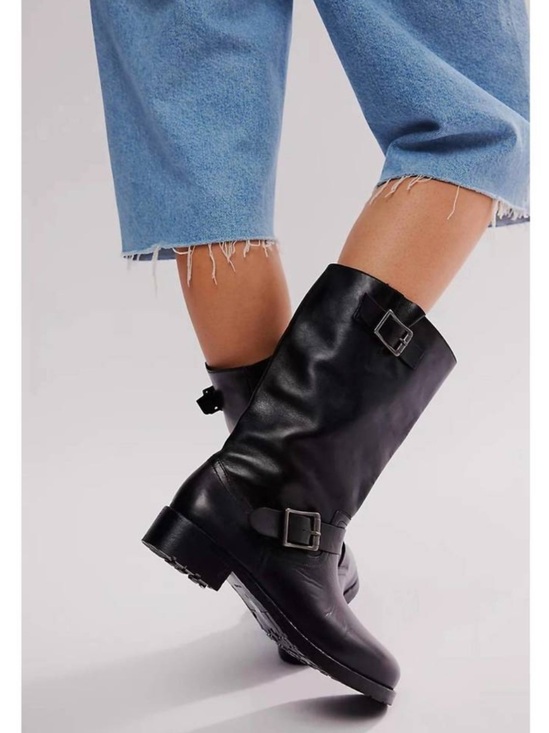 Free People Shoes - Free People Black Leather Mid-Calf Buckle Heeled Boots